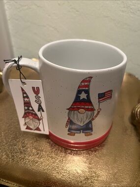#2080**Patriotic Gnome Ceramic Coffee Mug - Red, White & Blue